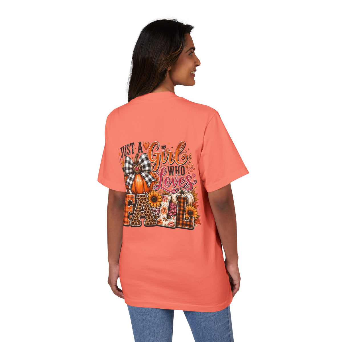 Fall Graphic T‑Shirt — "Just a Girl Who Loves Fall" Pumpkin Plaid Tee
