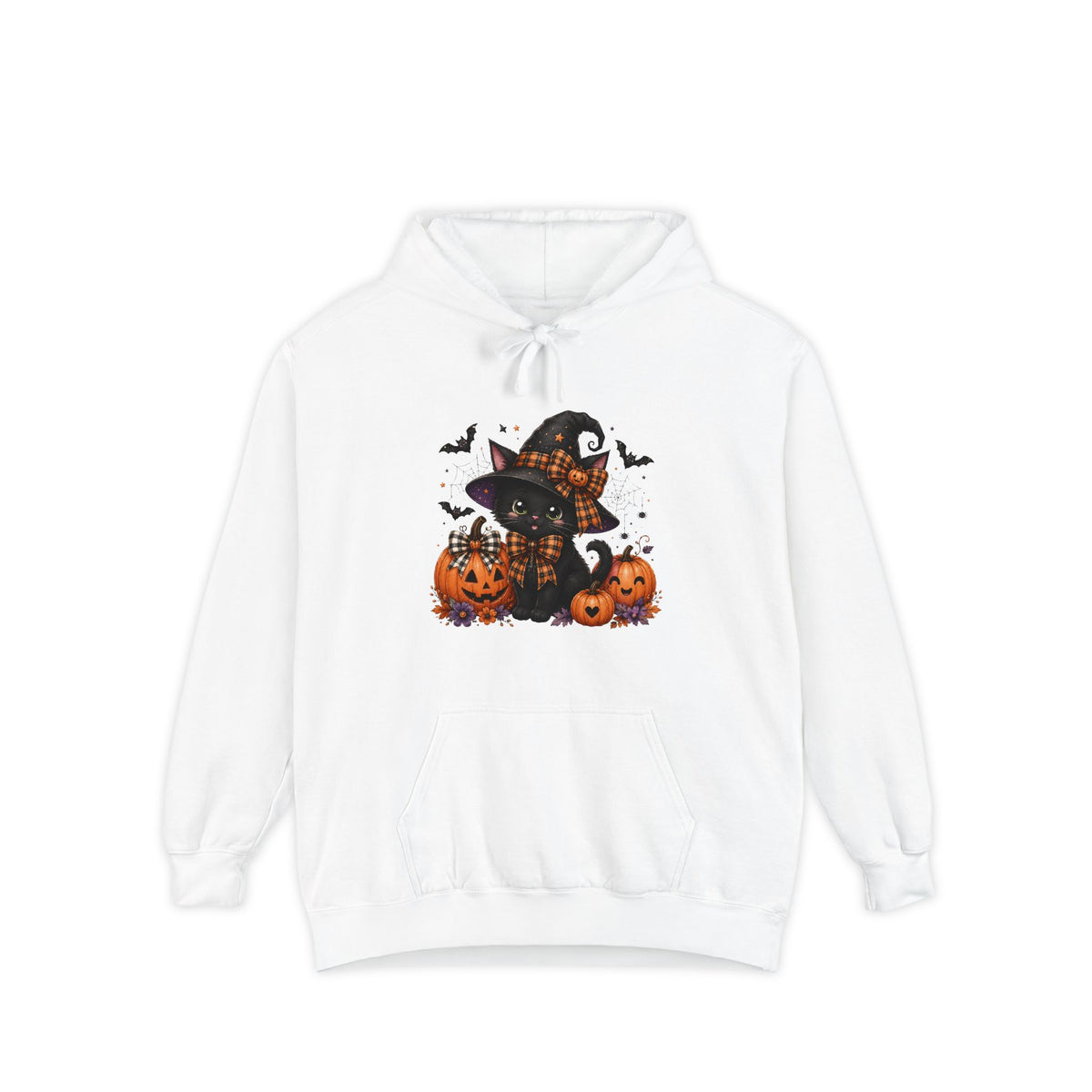Halloween Cat Hoodie — Witch Hat Black Cat with Pumpkins & Bats