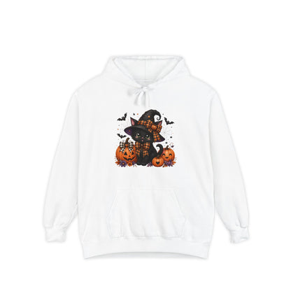 Halloween Cat Hoodie — Witch Hat Black Cat with Pumpkins & Bats