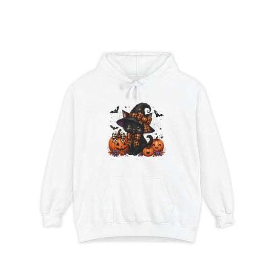 Halloween Cat Hoodie — Witch Hat Black Cat with Pumpkins & Bats