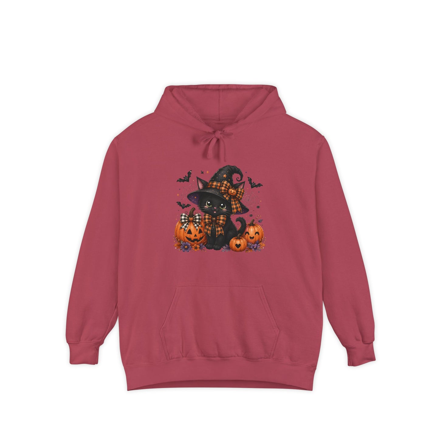 Halloween Cat Hoodie — Witch Hat Black Cat with Pumpkins & Bats