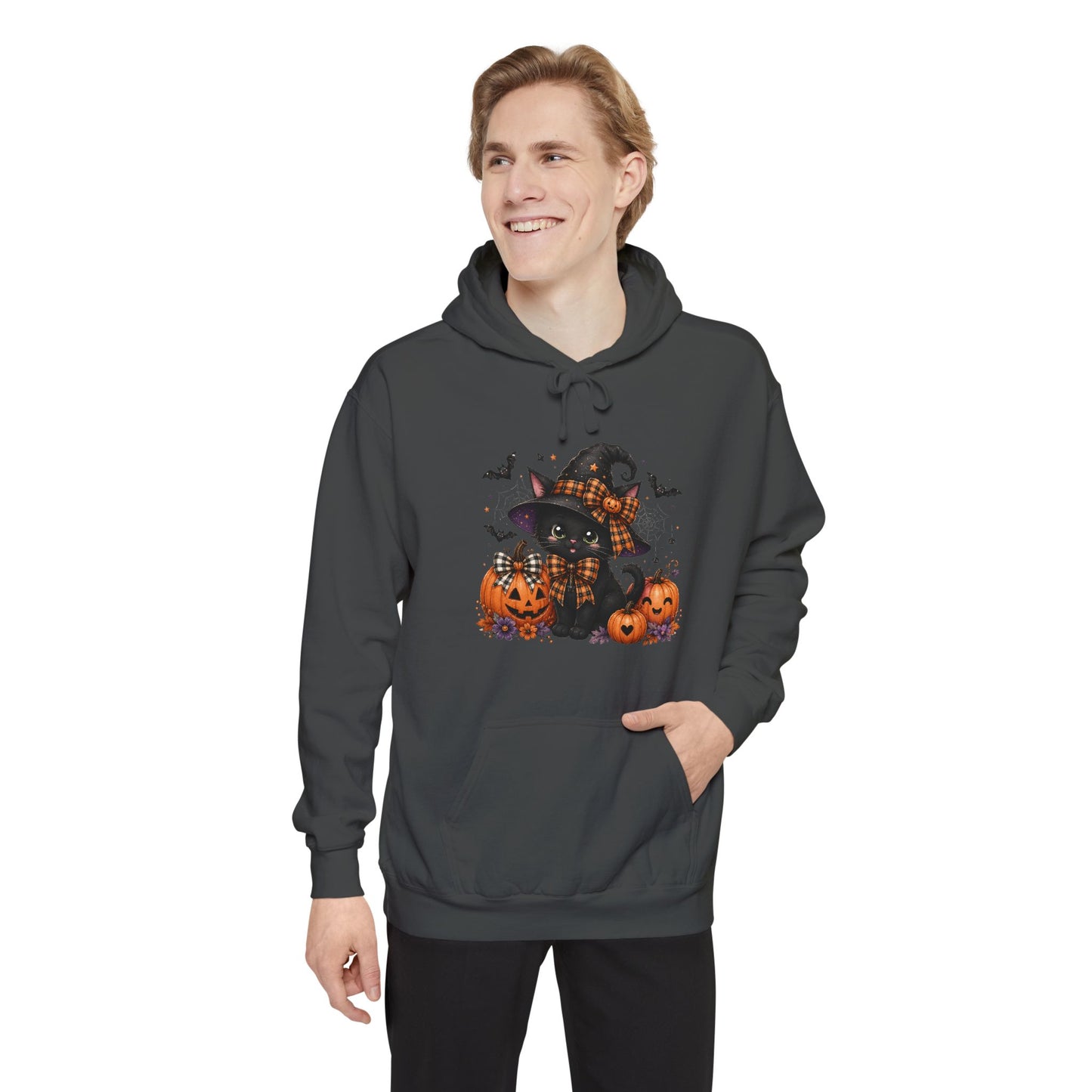 Halloween Cat Hoodie — Witch Hat Black Cat with Pumpkins & Bats