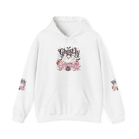 Ghostly Greetings Hoodie — Cute Retro Halloween Ghost Pullover
