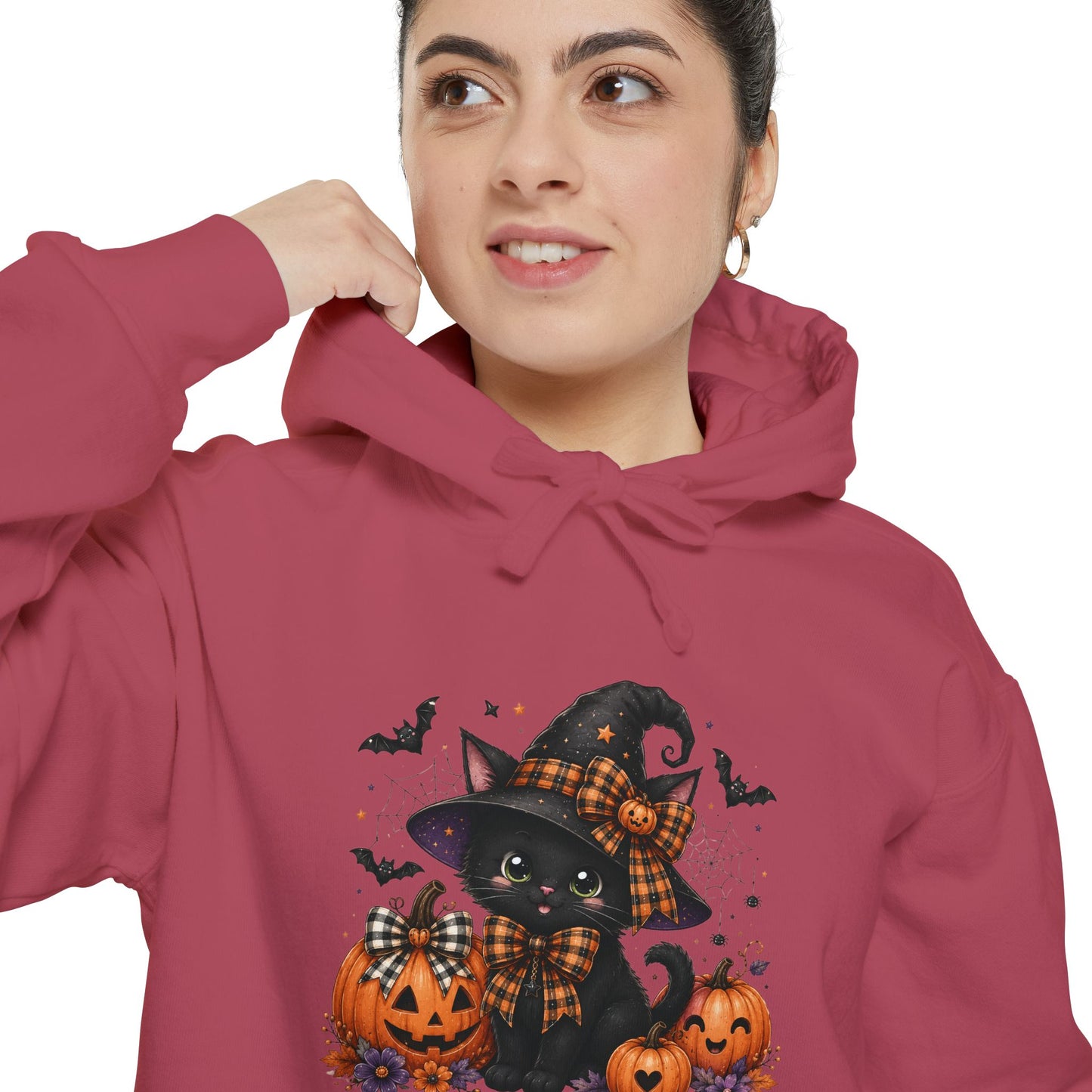 Halloween Cat Hoodie — Witch Hat Black Cat with Pumpkins & Bats