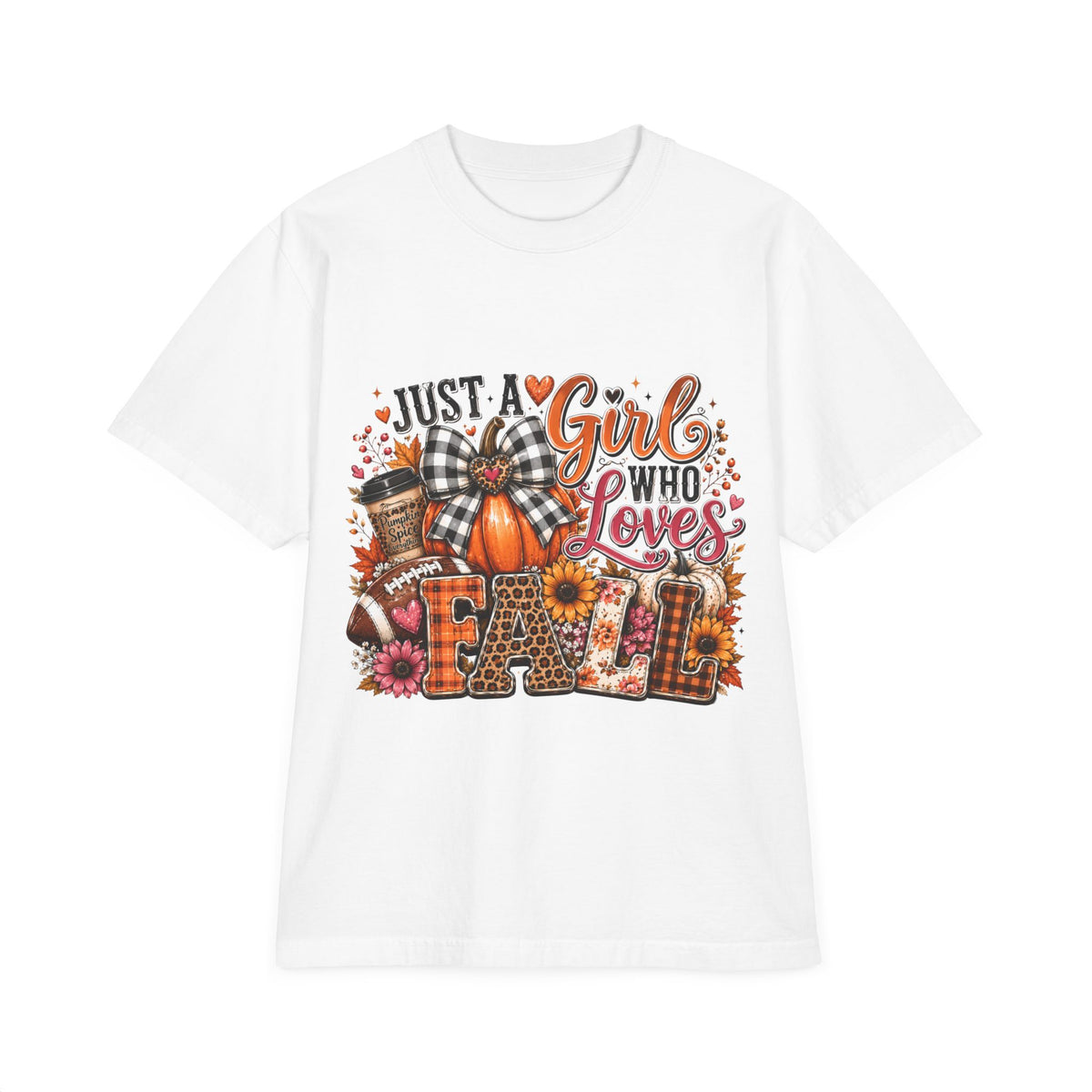 Fall Graphic T‑Shirt — "Just a Girl Who Loves Fall" Pumpkin Plaid Tee