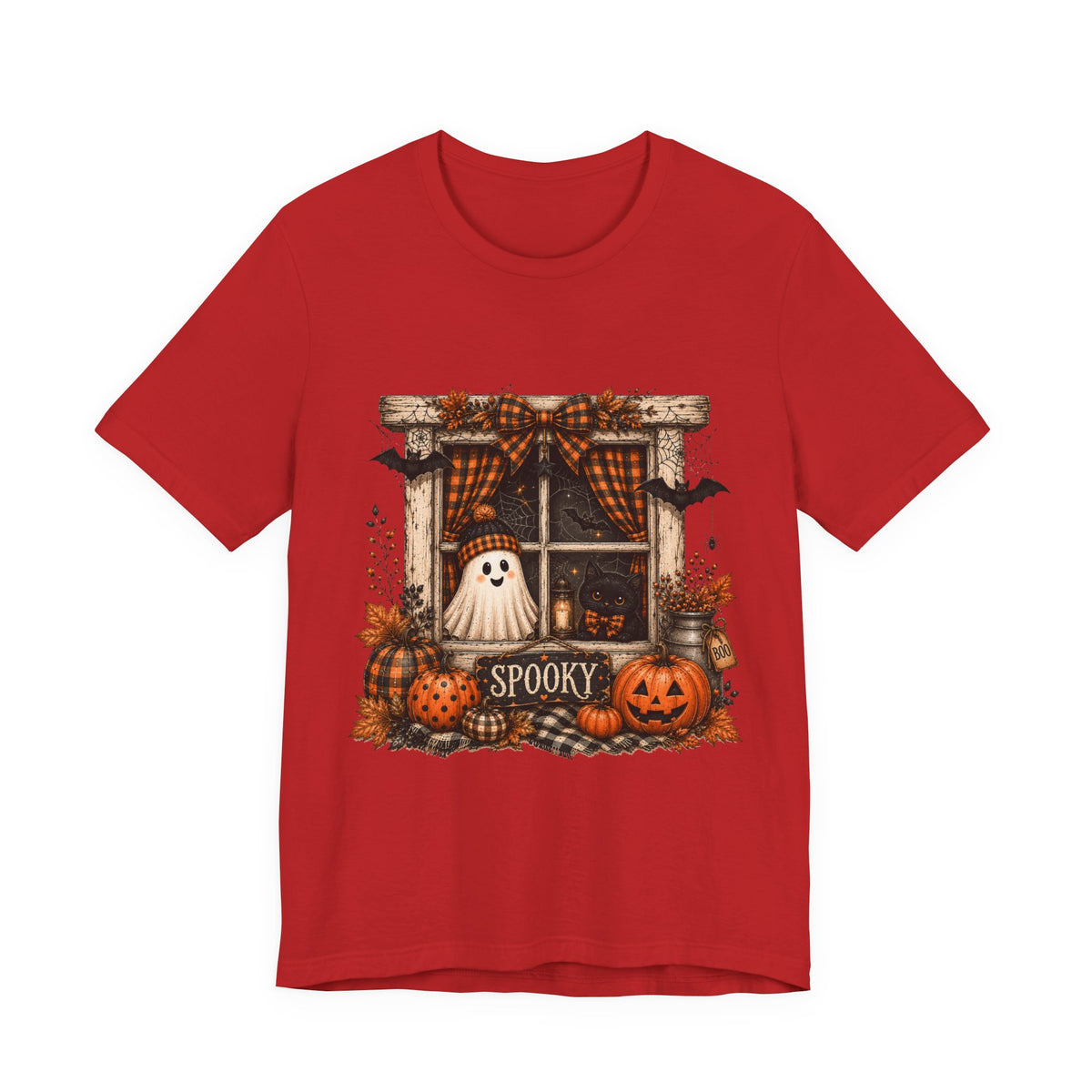 Spooky Window Halloween Tee — Ghost, Pumpkins & Plaid Fall Shirt