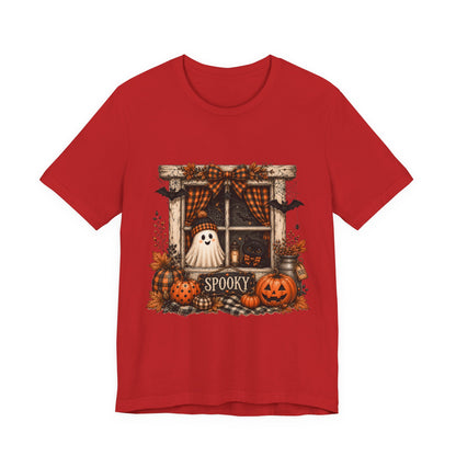 Spooky Window Halloween Tee — Ghost, Pumpkins & Plaid Fall Shirt