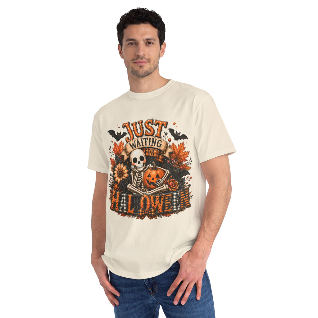 Just Waiting for Halloween T-Shirt — Skeleton Pumpkin Autumn Graphic Tee