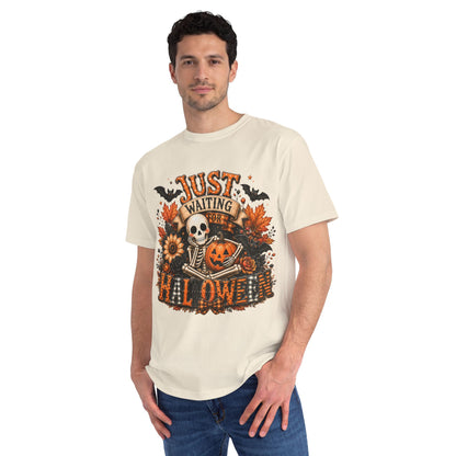 Just Waiting for Halloween T-Shirt — Skeleton Pumpkin Autumn Graphic Tee
