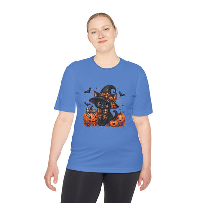 Halloween Witch Cat Tee — Cute Black Cat with Pumpkins & Bats Moisture‑Wicking Shirt