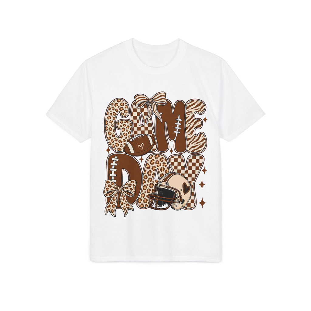 Game Day Mom Football T-Shirt — Leopard & Checkerboard Sport Design