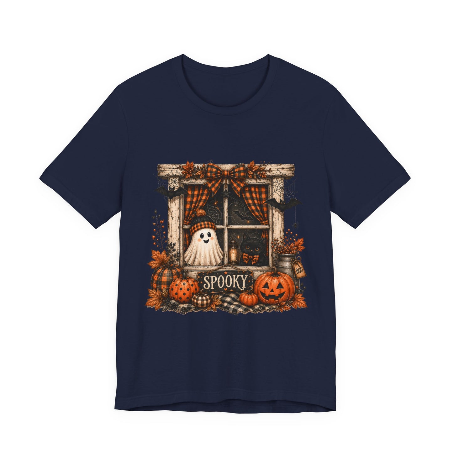 Spooky Window Halloween Tee — Ghost, Pumpkins & Plaid Fall Shirt