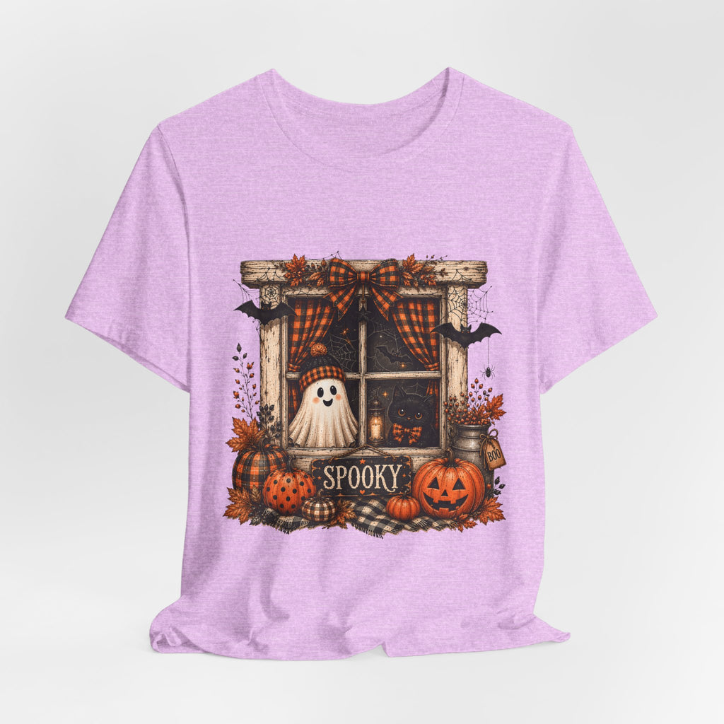 Spooky Window Halloween Tee — Ghost, Pumpkins & Plaid Fall Shirt