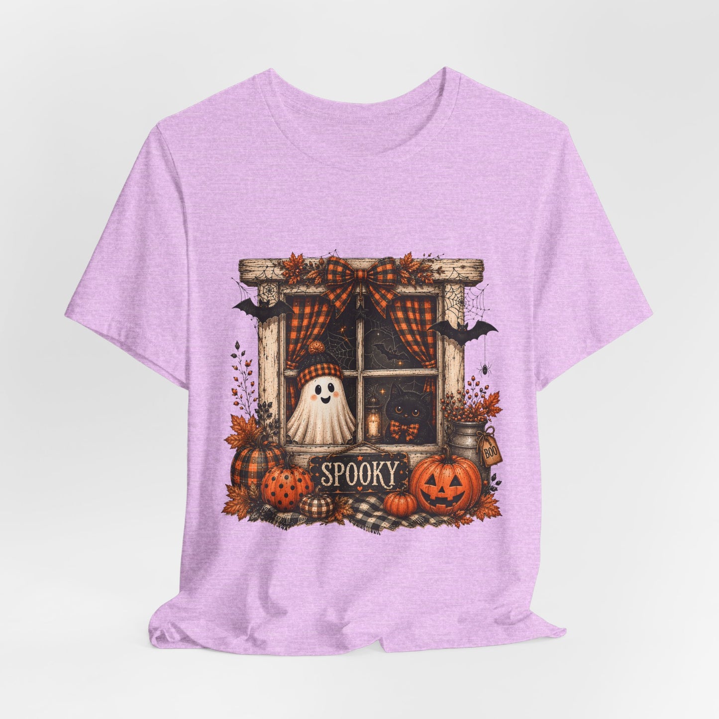 Spooky Window Halloween Tee — Ghost, Pumpkins & Plaid Fall Shirt