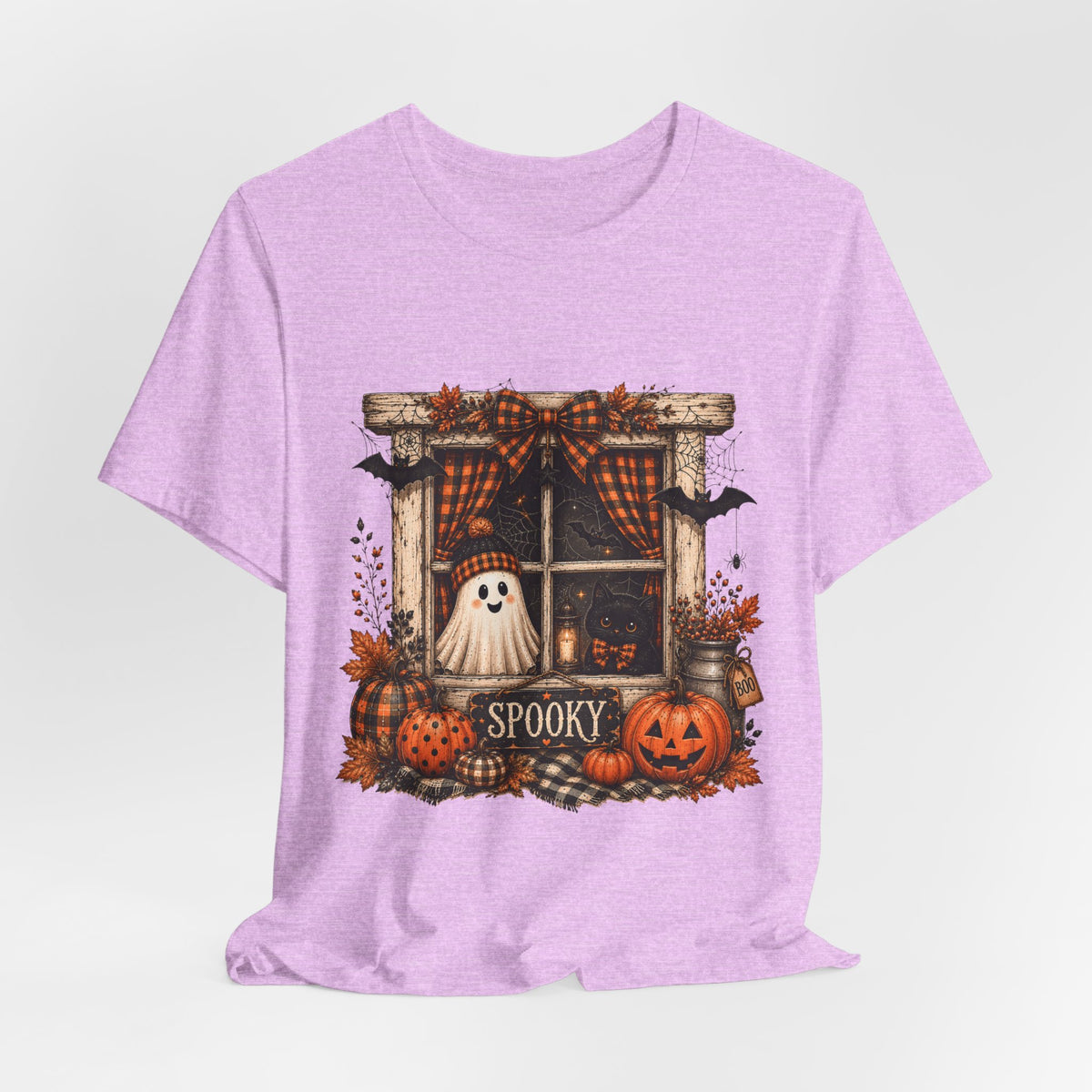 Spooky Window Halloween Tee — Ghost, Pumpkins & Plaid Fall Shirt