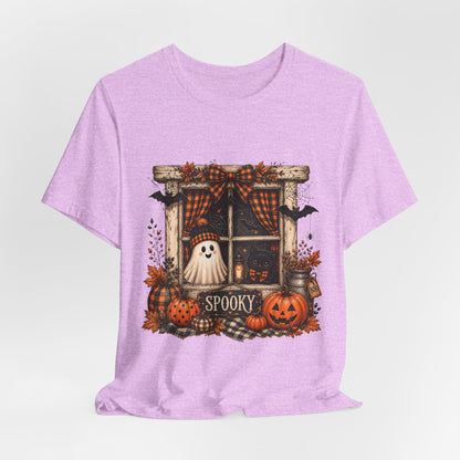 Spooky Window Halloween Tee — Ghost, Pumpkins & Plaid Fall Shirt