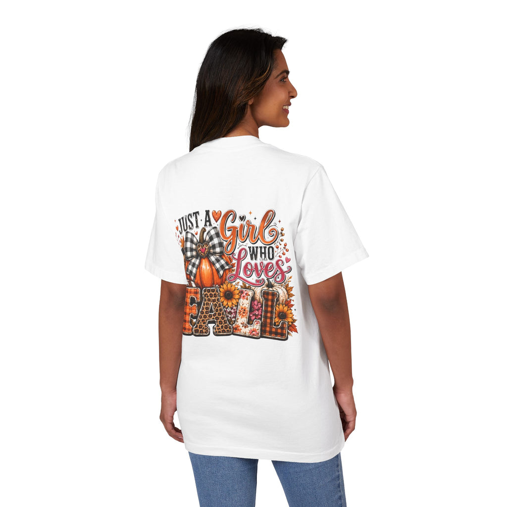Fall Graphic T‑Shirt — "Just a Girl Who Loves Fall" Pumpkin Plaid Tee
