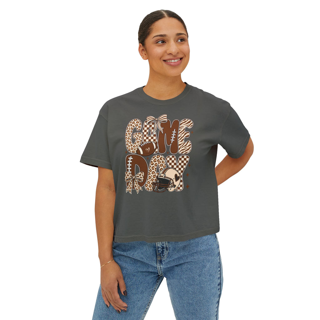 Game Day Tee — Leopard Print "Game Day" Football Graphic Women's Boxy Tee