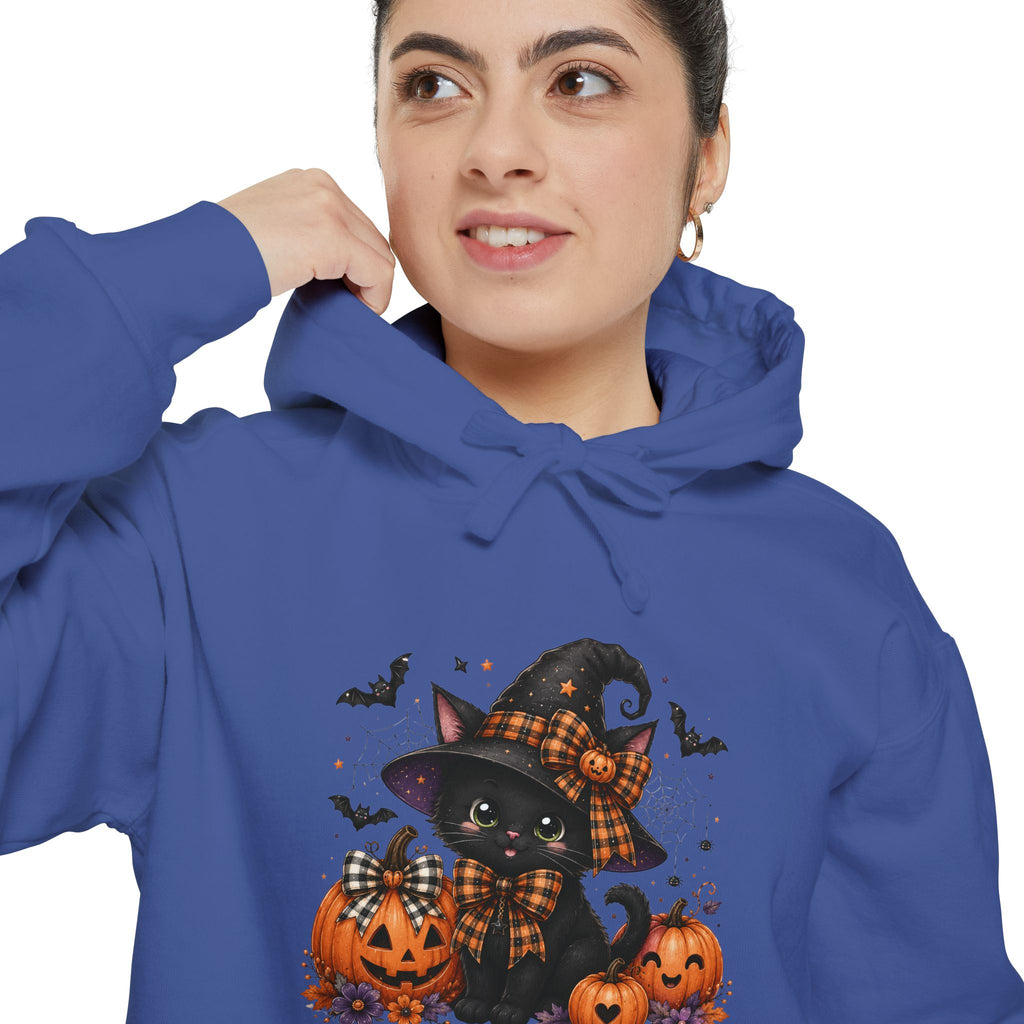 Halloween Cat Hoodie — Witch Hat Black Cat with Pumpkins & Bats