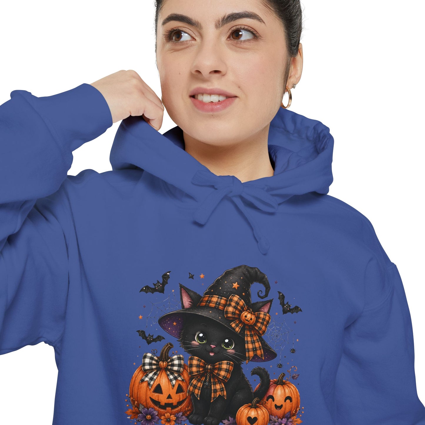Halloween Cat Hoodie — Witch Hat Black Cat with Pumpkins & Bats
