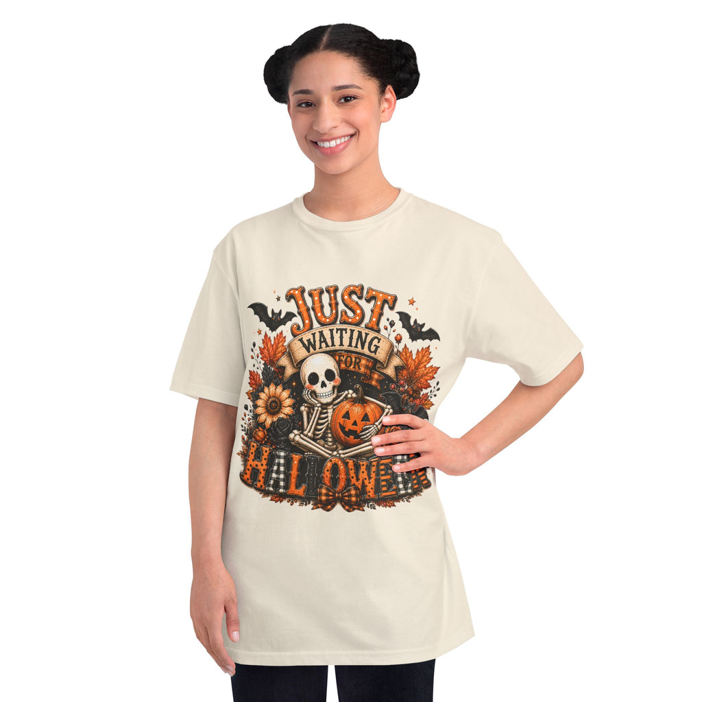 Just Waiting for Halloween T-Shirt — Skeleton Pumpkin Autumn Graphic Tee