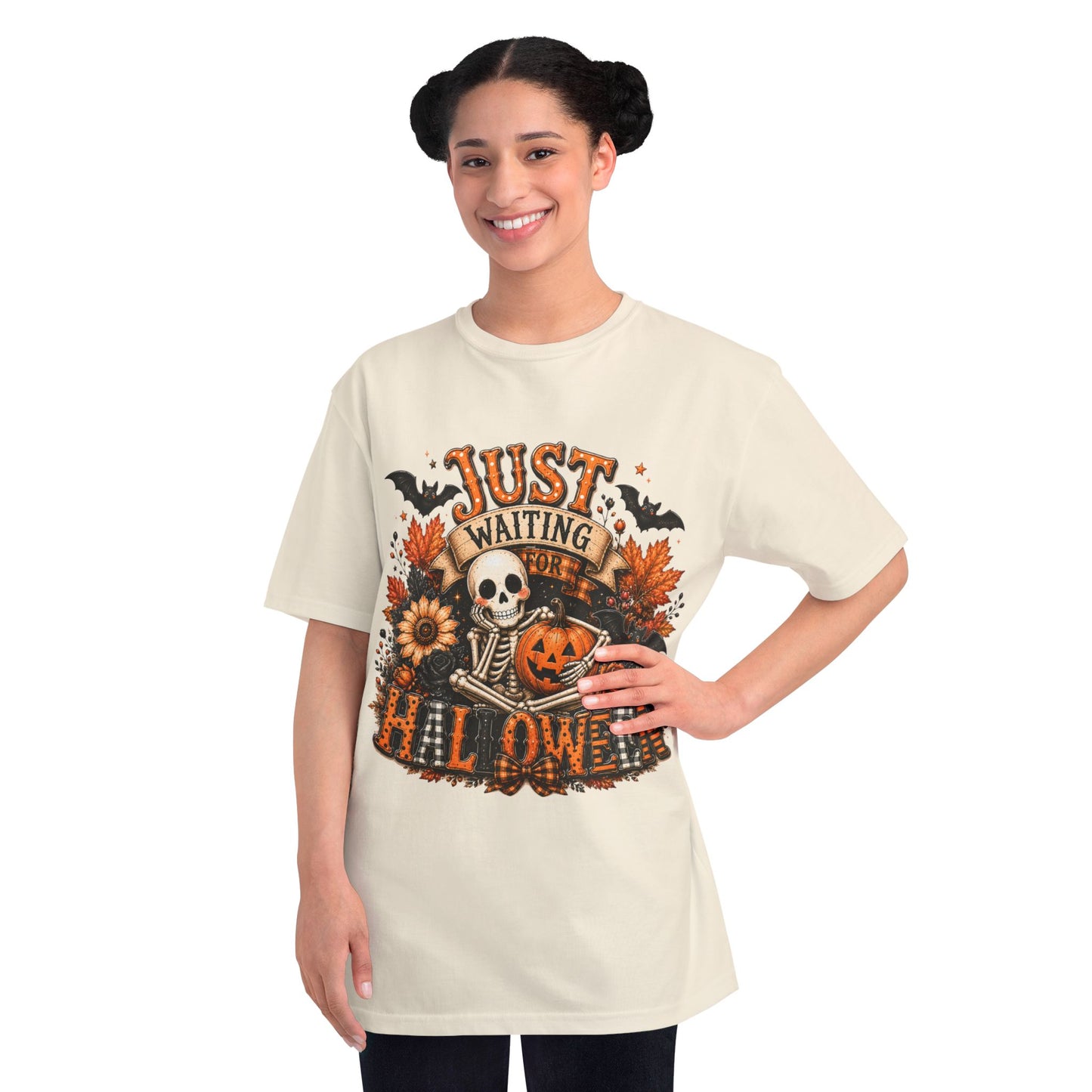 Just Waiting for Halloween T-Shirt — Skeleton Pumpkin Autumn Graphic Tee