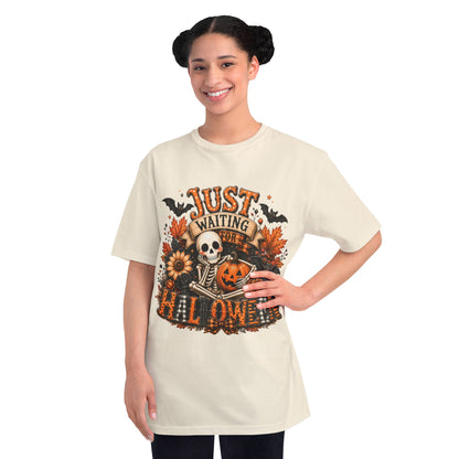 Just Waiting for Halloween T-Shirt — Skeleton Pumpkin Autumn Graphic Tee