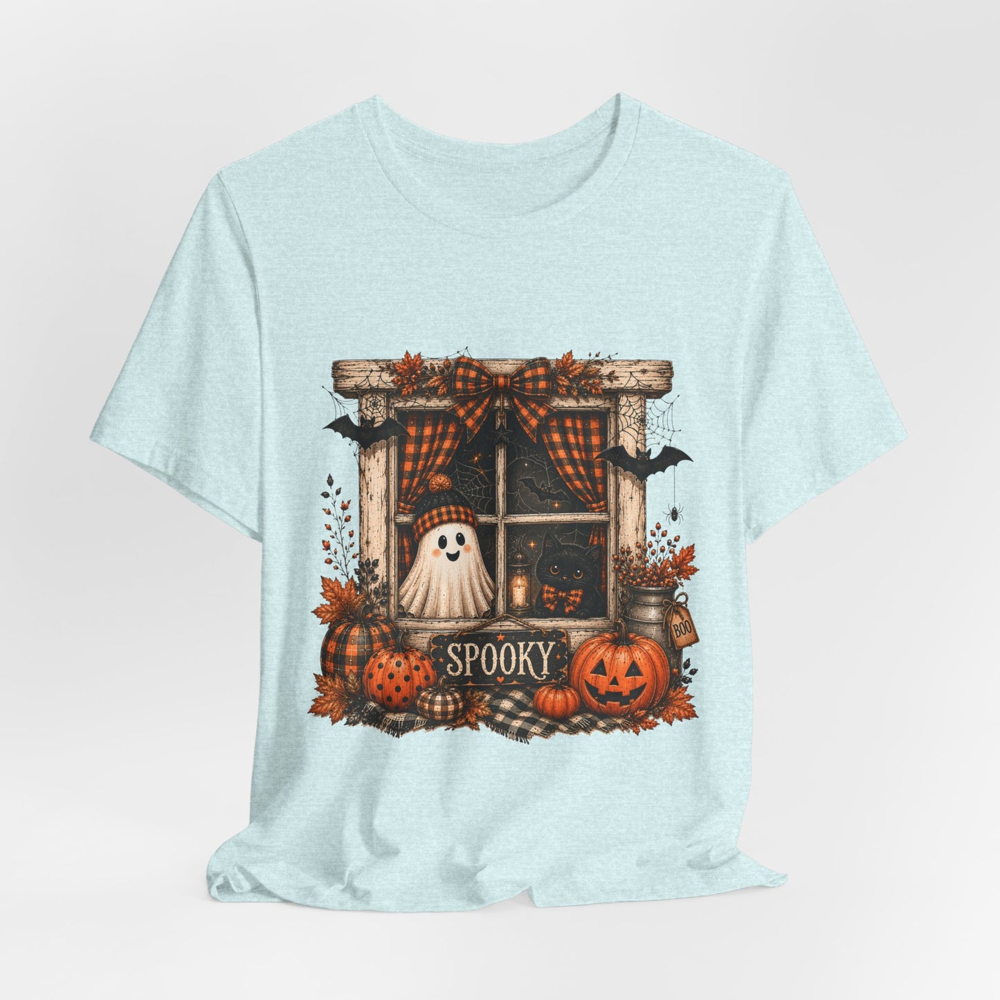 Spooky Window Halloween Tee — Ghost, Pumpkins & Plaid Fall Shirt