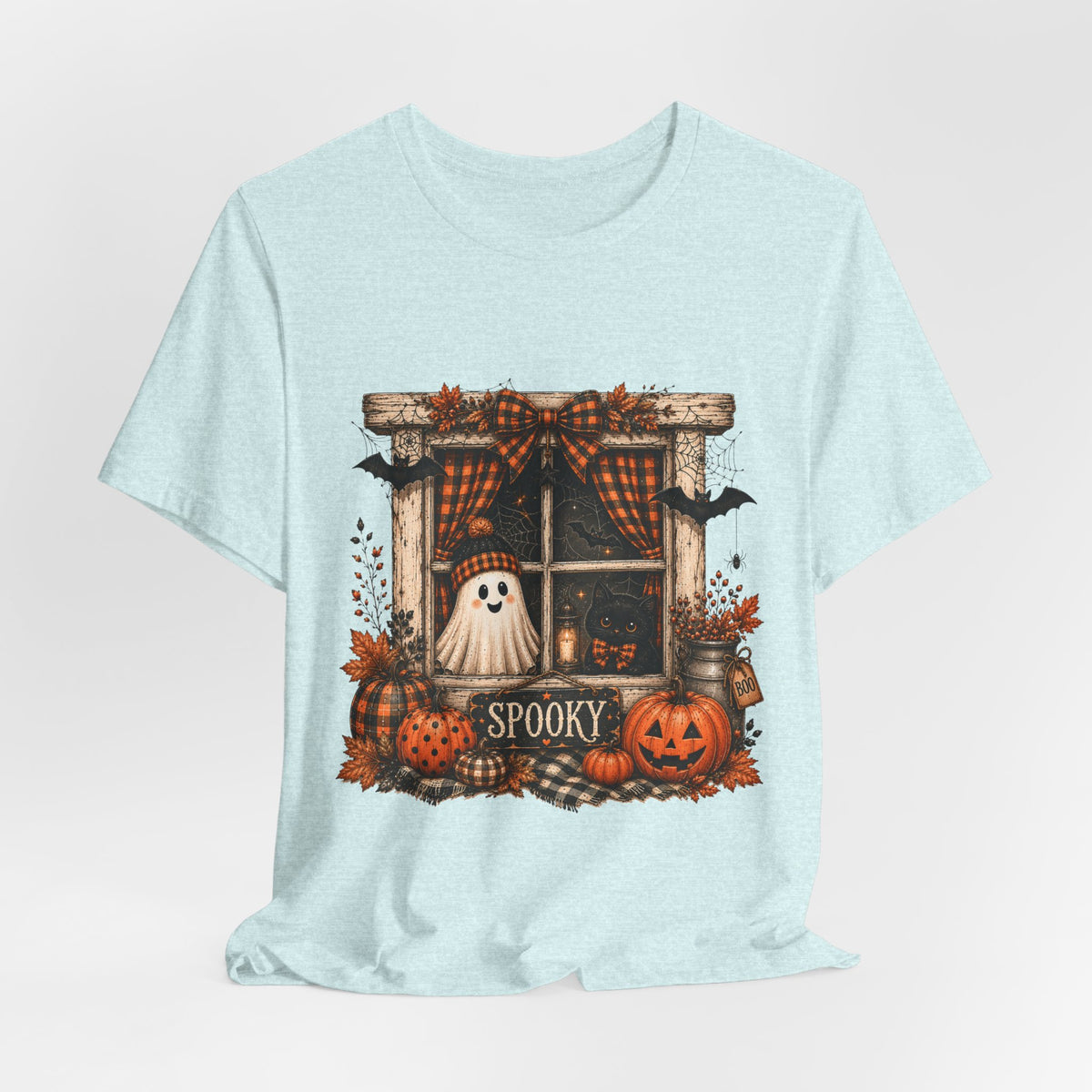 Spooky Window Halloween Tee — Ghost, Pumpkins & Plaid Fall Shirt