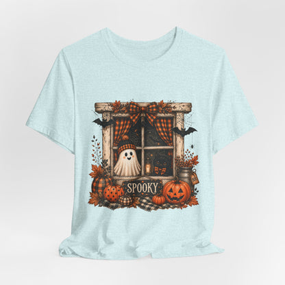 Spooky Window Halloween Tee — Ghost, Pumpkins & Plaid Fall Shirt