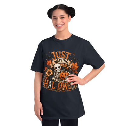 Just Waiting for Halloween T-Shirt — Skeleton Pumpkin Autumn Graphic Tee