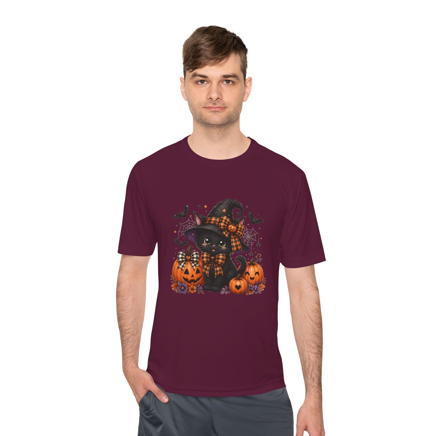 Halloween Witch Cat Tee — Cute Black Cat with Pumpkins & Bats Moisture‑Wicking Shirt