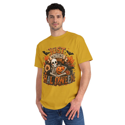 Just Waiting for Halloween T-Shirt — Skeleton Pumpkin Autumn Graphic Tee