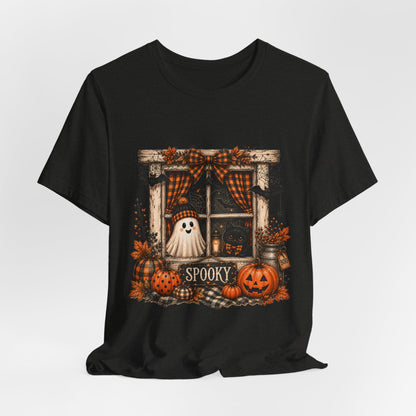 Spooky Window Halloween Tee — Ghost, Pumpkins & Plaid Fall Shirt