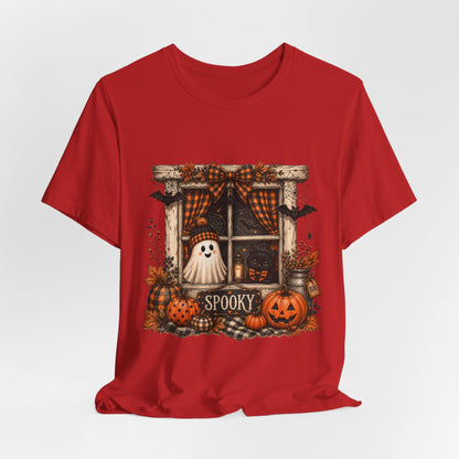 Spooky Window Halloween Tee — Ghost, Pumpkins & Plaid Fall Shirt