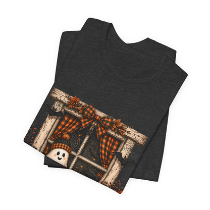 Spooky Window Halloween Tee — Ghost, Pumpkins & Plaid Fall Shirt