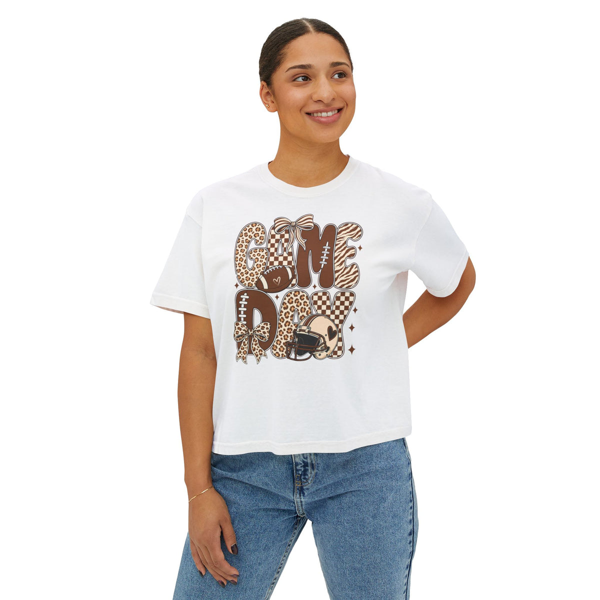 Game Day Tee — Leopard Print "Game Day" Football Graphic Women's Boxy Tee