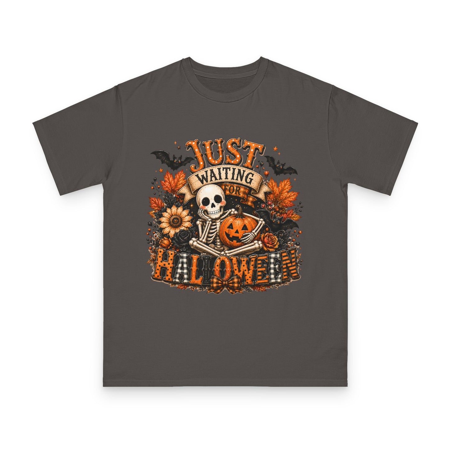 Just Waiting for Halloween T-Shirt — Skeleton Pumpkin Autumn Graphic Tee