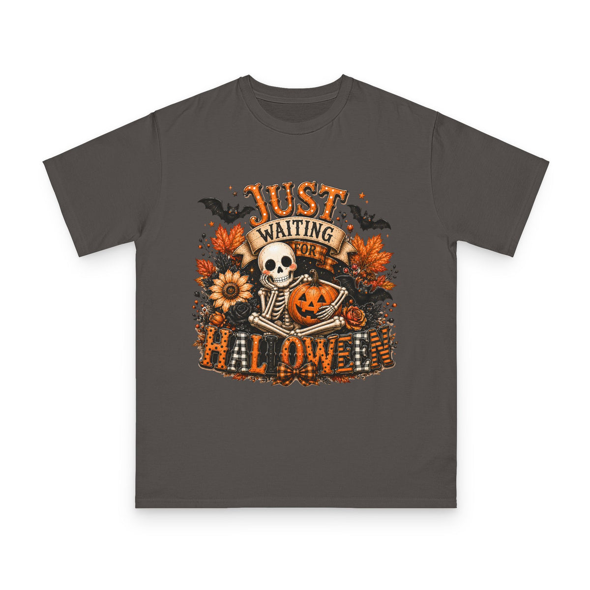 Just Waiting for Halloween T-Shirt — Skeleton Pumpkin Autumn Graphic Tee