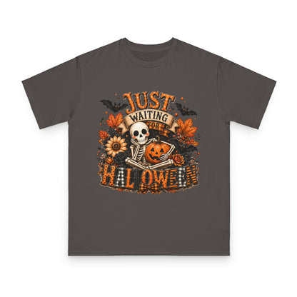 Just Waiting for Halloween T-Shirt — Skeleton Pumpkin Autumn Graphic Tee