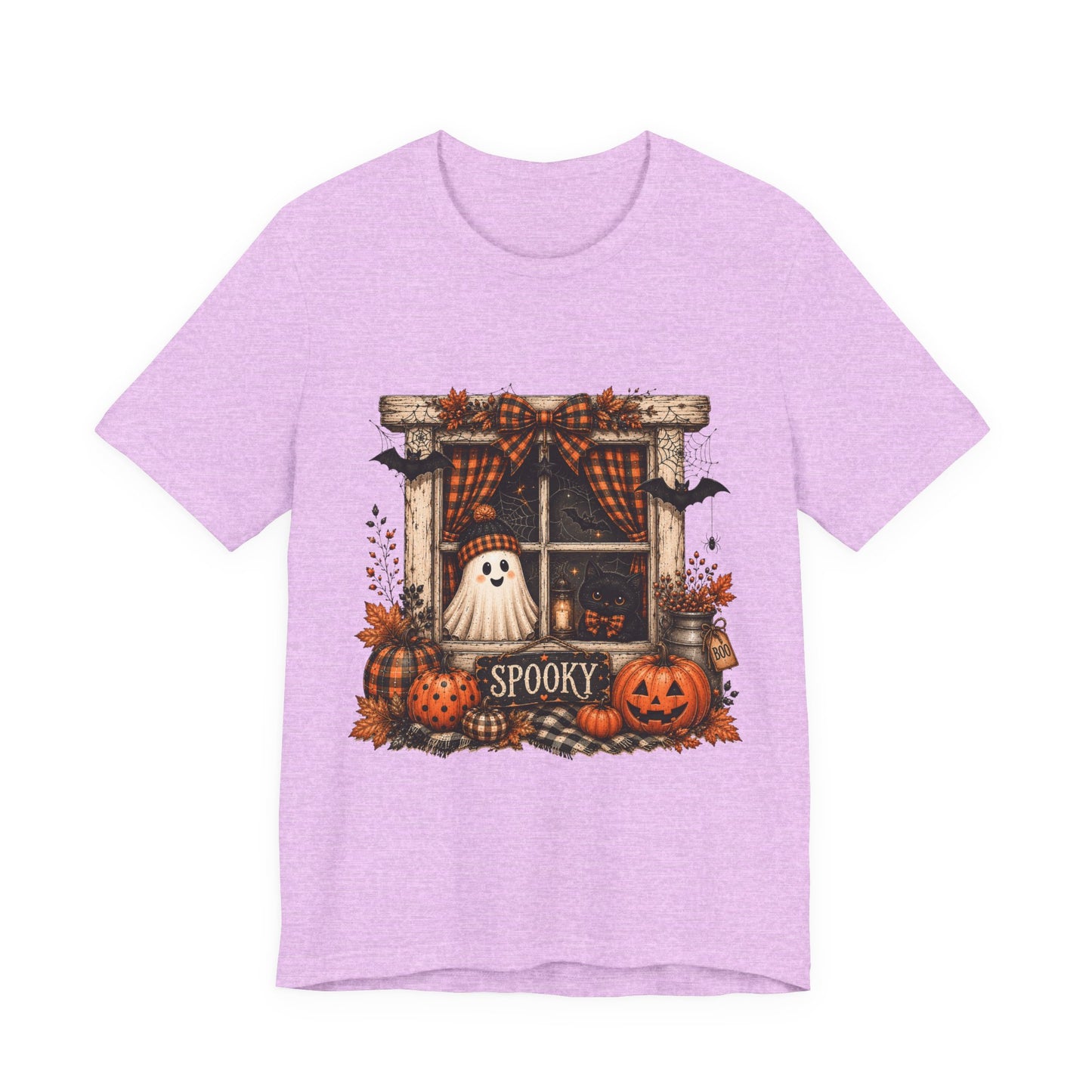 Spooky Window Halloween Tee — Ghost, Pumpkins & Plaid Fall Shirt