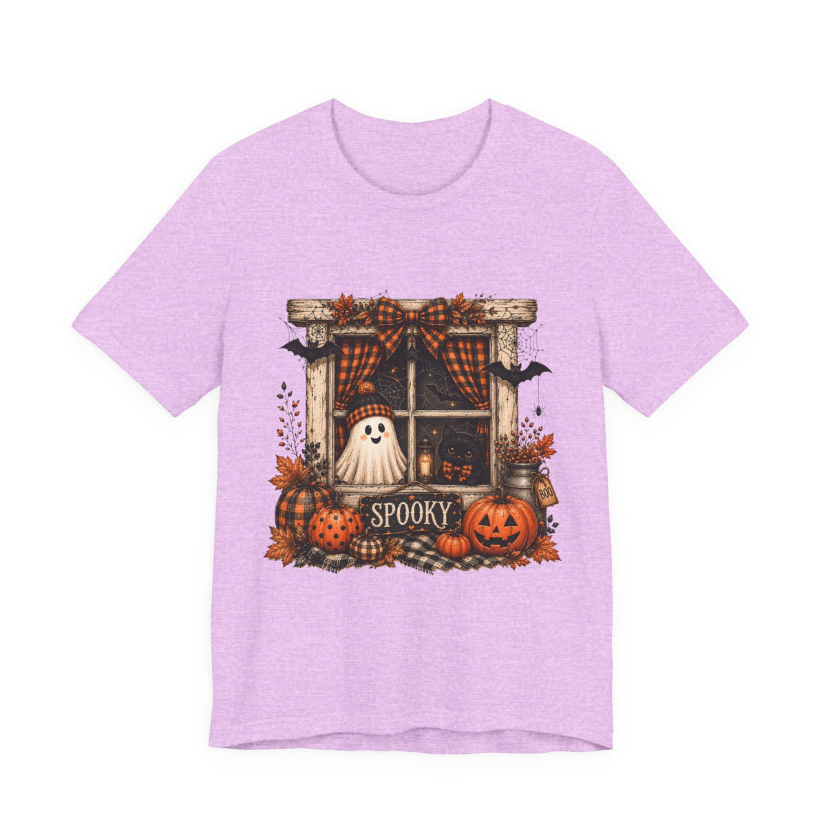 Spooky Window Halloween Tee — Ghost, Pumpkins & Plaid Fall Shirt