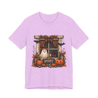 Spooky Window Halloween Tee — Ghost, Pumpkins & Plaid Fall Shirt