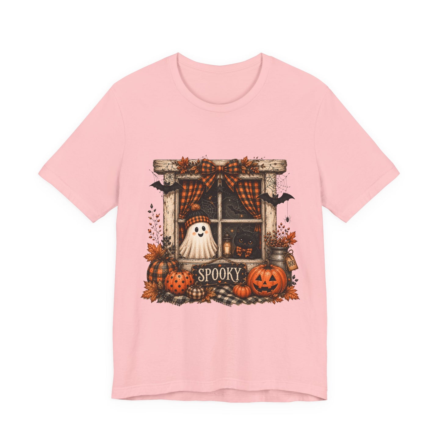 Spooky Window Halloween Tee — Ghost, Pumpkins & Plaid Fall Shirt