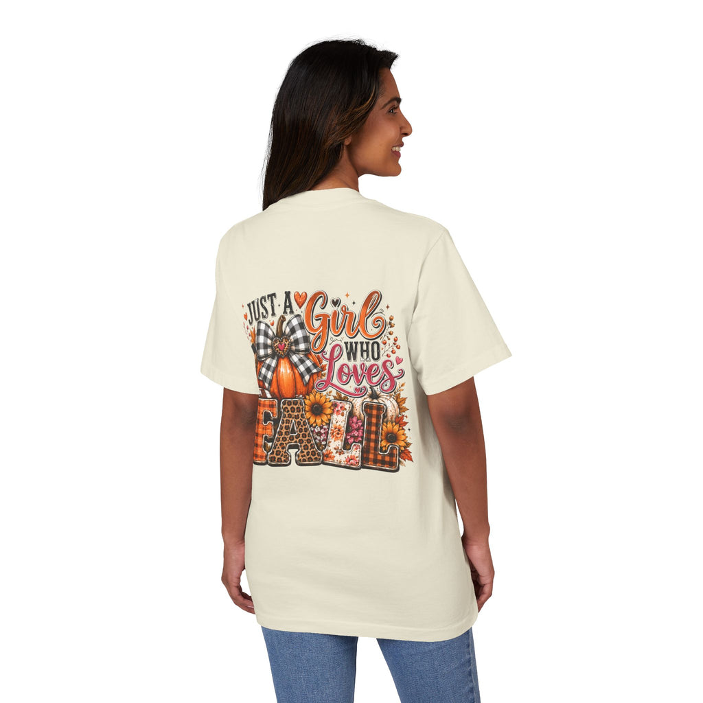 Fall Graphic T‑Shirt — "Just a Girl Who Loves Fall" Pumpkin Plaid Tee