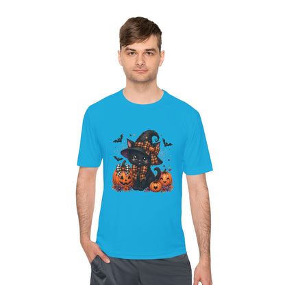 Halloween Witch Cat Tee — Cute Black Cat with Pumpkins & Bats Moisture‑Wicking Shirt