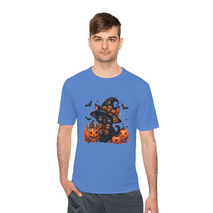 Halloween Witch Cat Tee — Cute Black Cat with Pumpkins & Bats Moisture‑Wicking Shirt