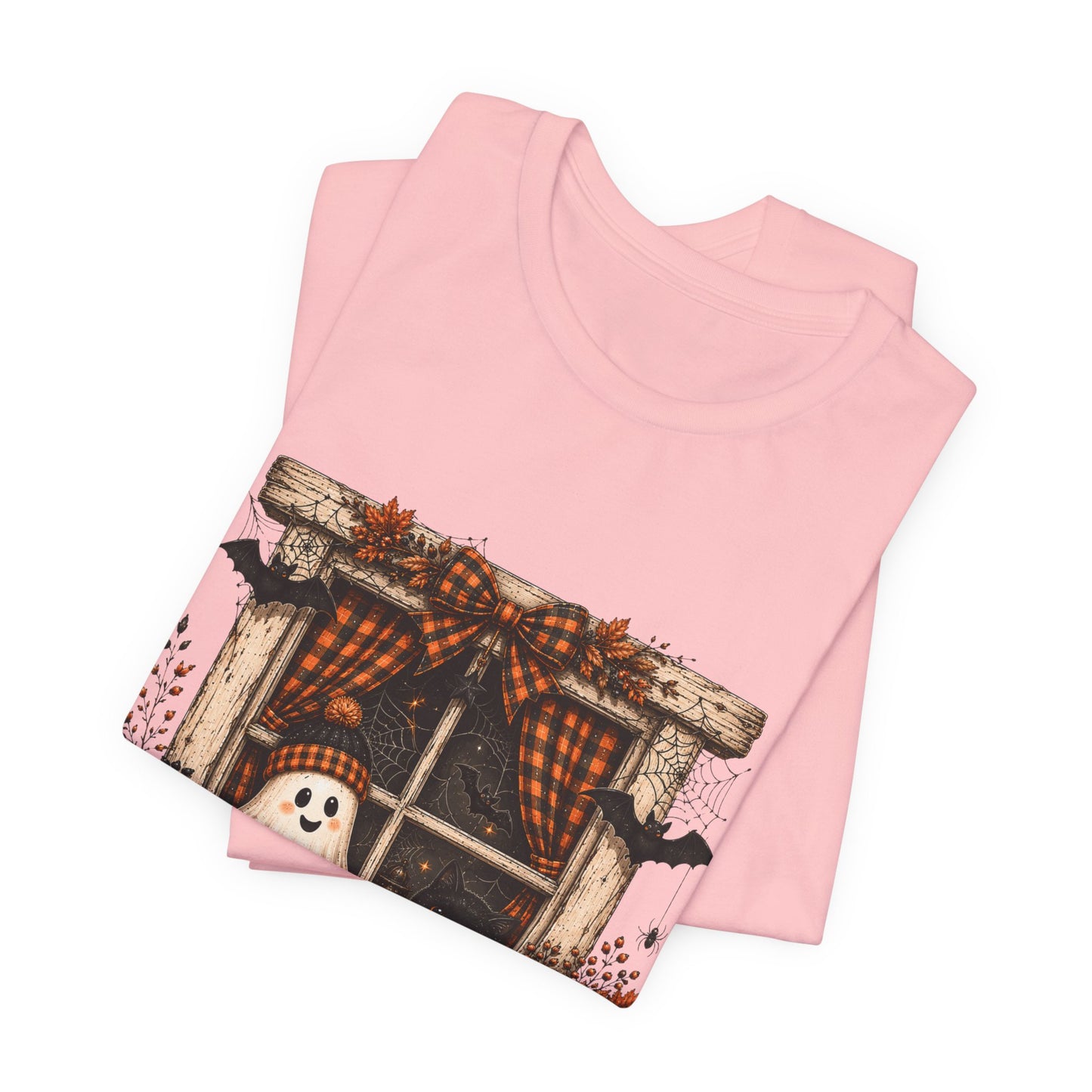 Spooky Window Halloween Tee — Ghost, Pumpkins & Plaid Fall Shirt