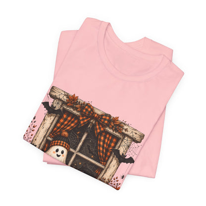 Spooky Window Halloween Tee — Ghost, Pumpkins & Plaid Fall Shirt