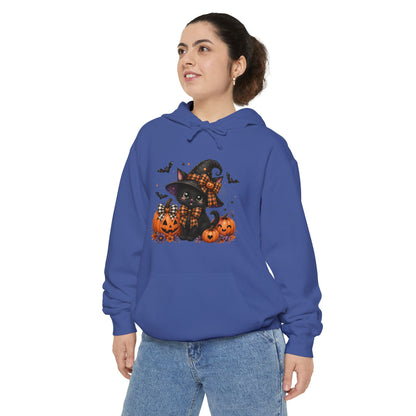 Halloween Cat Hoodie — Witch Hat Black Cat with Pumpkins & Bats